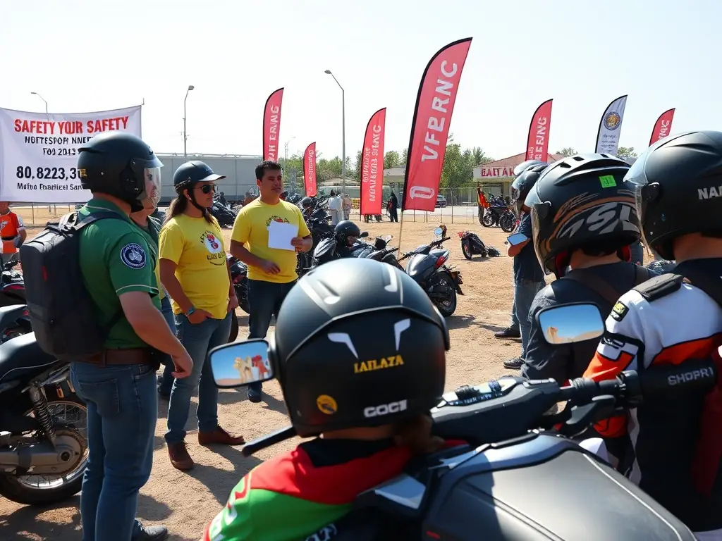 A group of volunteers conducting a safety workshop with young riders and their families, promoting responsible riding and community engagement.
