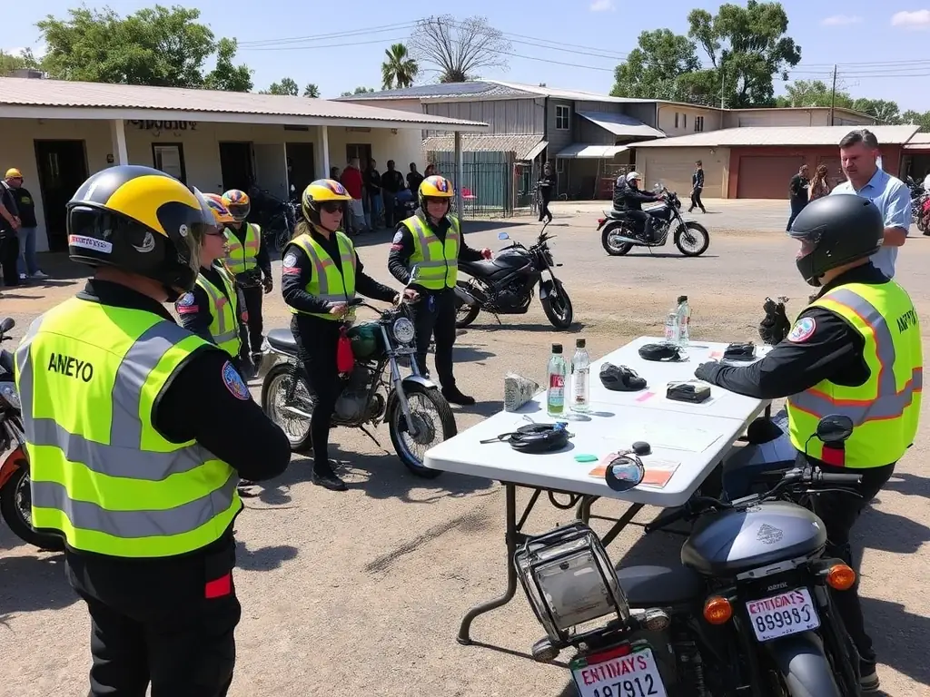 A photograph of a community outreach event, featuring club members conducting a motorcycle safety workshop for local residents. The image highlights the club's commitment to education and community engagement.