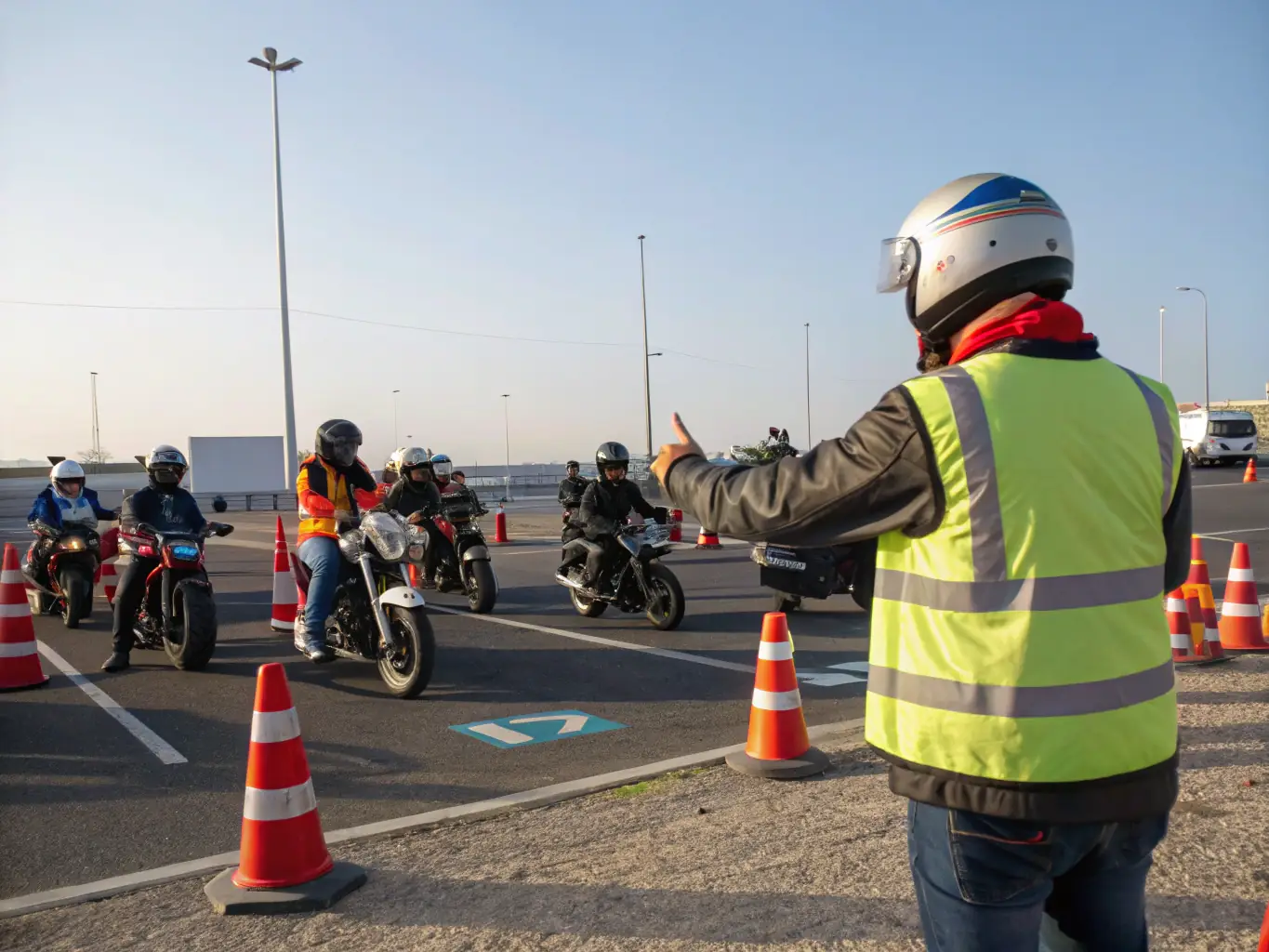 An instructor guiding a group of riders through a training session on a closed circuit, with safety gear and motorcycles, demonstrating safe riding techniques.