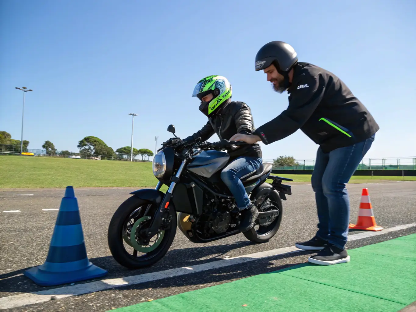A dynamic image of a beginner motorbike training course in session, showing new riders practicing basic maneuvers under the guidance of an instructor. The setting is a controlled, safe environment with cones and clear markings.